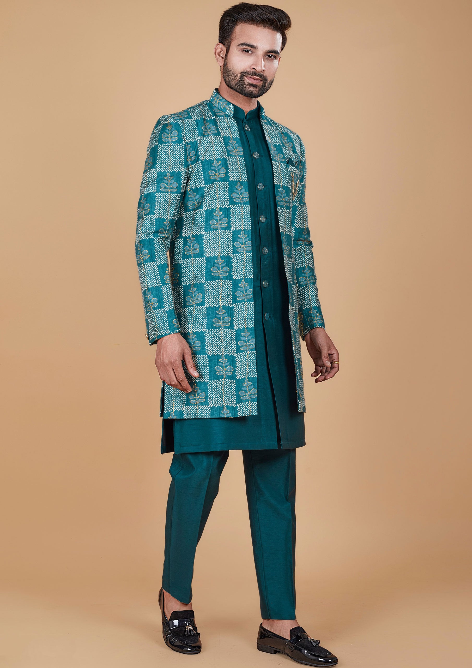 Teal Color Jacquard Silk Thread Work Men's Wear